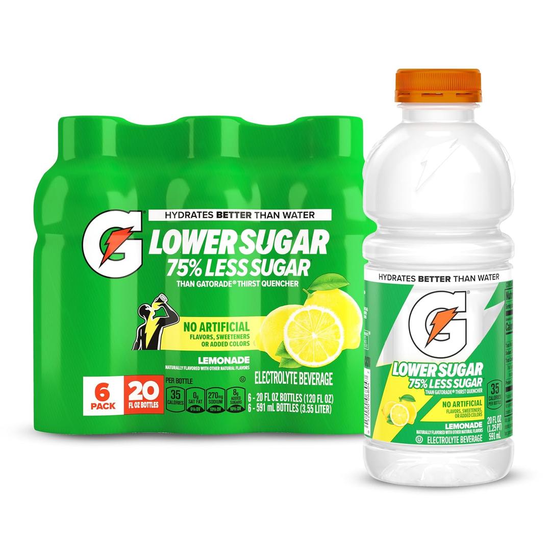 Gatorade Lower Sugar Sports Drink, Lemonade, 20 fl oz Bottles, (6 Pack) (EXP 10/16/26)