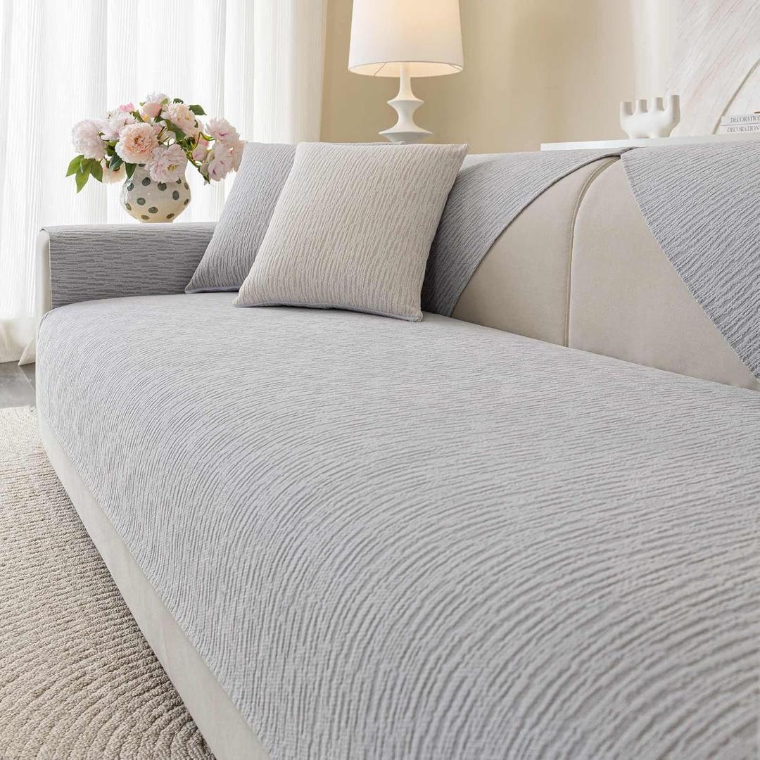 Aucrovee Soft Waterproof Chenille Cover Washable, Non Slip Sectional Sofa Covers for 3 Cushion Couch Sofa L Sharped Sofa Slipcover for Pets, Furniture Protector (1 PCS 36"x63" Light Grey)
