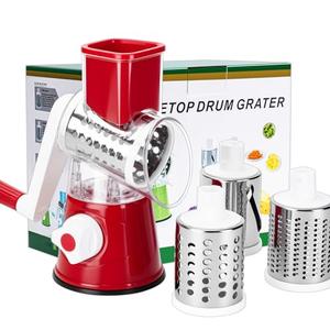 Rotary Cheese Grater Hand Crank Cheese Shredder with 3 Stainless Steel Blades, Rotary Grater, for Fresh Cheese, Vegetable, Nuts,Non-slip Suction Base, Red