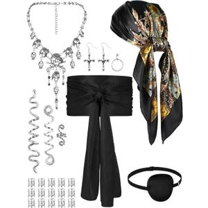 Remuuly 24 Pcs Pirate Costume Women Rave Accessories Pirate Head Scarf Sash Belt Eye Patch Necklace Earring Hair Accessory (Black and Silver)
