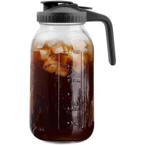 64 Oz Glass Pitcher with Lid, 2 Quart Heavy Duty Cold Brew Pitcher, Leak-Proof, Wide Mouth Mason Jar with Pouring Airtight Lid,Ideal for Fridge Storage (Black)