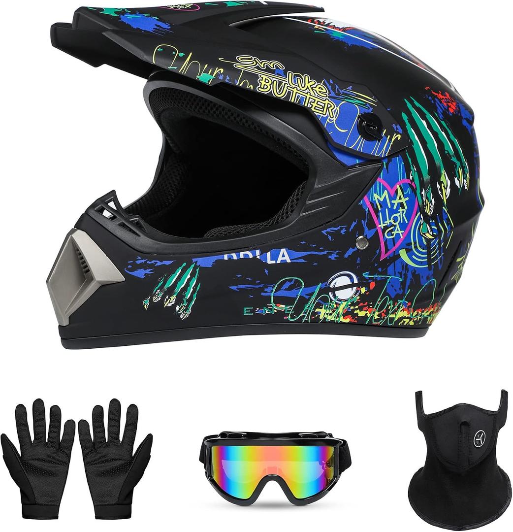 Youth Full-Face Motocross Motorcycle Helmet, DOT Certified, Lightweight and Comfortable Dirt Bike & ATV Helmet, 4-Piece Set (X-Large, Black Claw)