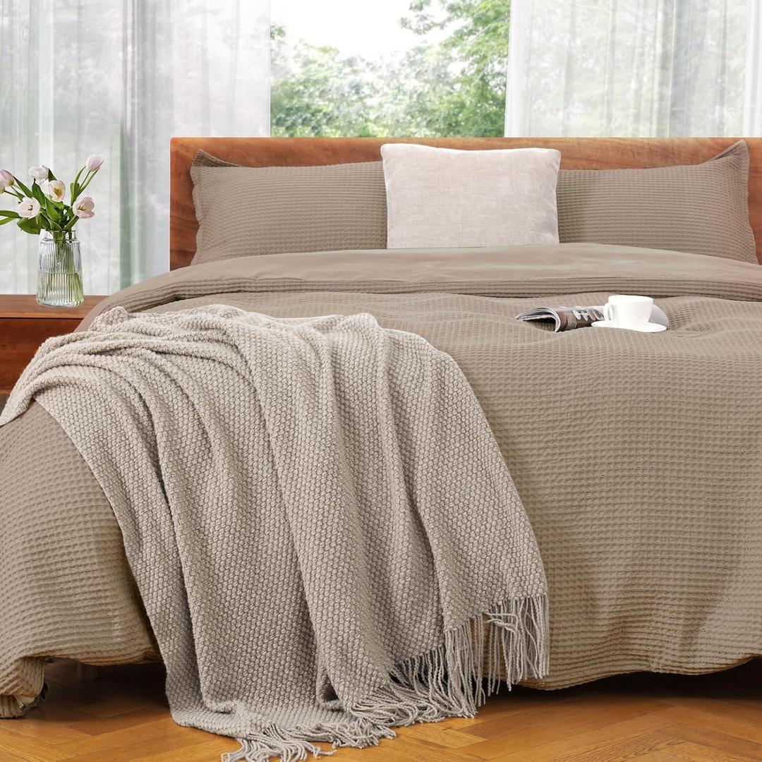 VALUXE Duvet Cover Set Queen Size 100% Cotton,Khaki Waffle Weave Soft and Breathable 3 PCs Bedding Set (1 Duvet Cover and 2 Pillow Sham) (Khaki (No Comforter))