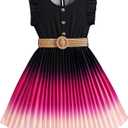 Hilinker Toddler Girl Pleated Dress Ruffle Sleeveless Retro Party Dresses with Belt Black Pink Gradient 5-6Y