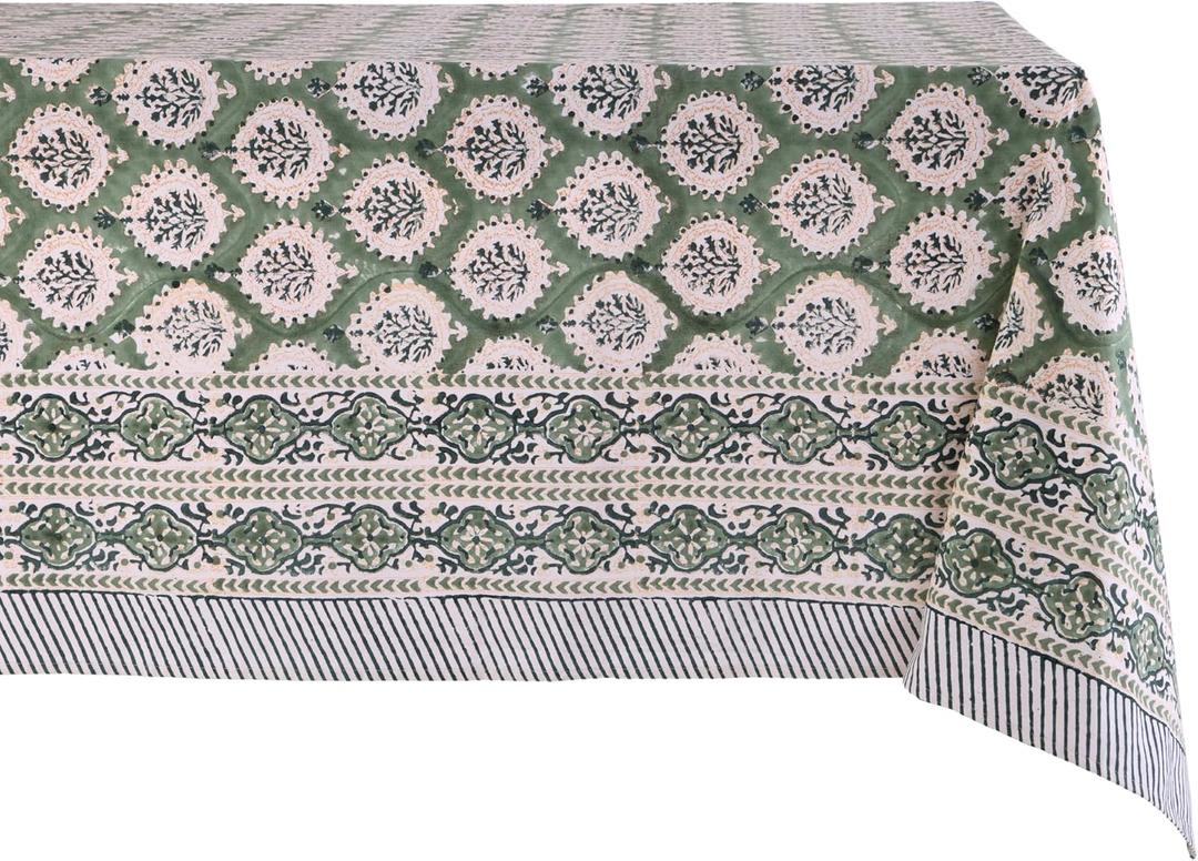 ATOSII Kari Green 100% Cotton Rectangle Boho Summer Tablecloth, Block Print Floral Table Cloth Linen for Dining, Parties, Wedding, Outdoors Home Decor 72 X 108 Inches I 8 Seater I