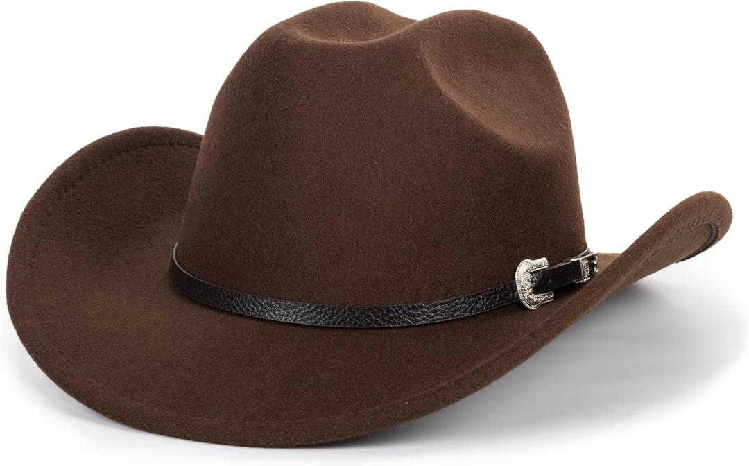 Western Cowboy Hat for Men Women Classic Roll Up Fedora Hat with Buckle Belt(Size:S-M) (Brown)