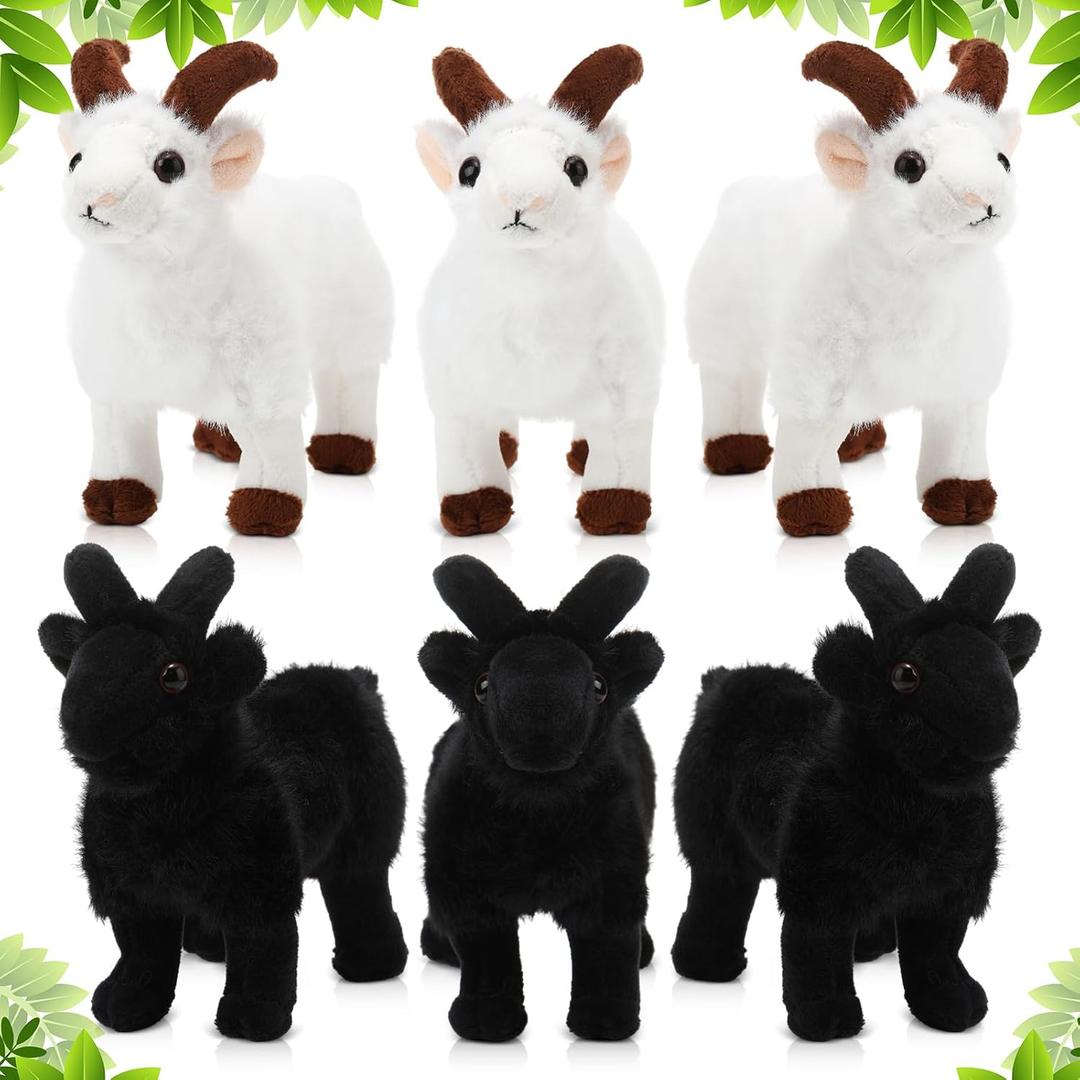 6 Pcs Goat Stuffed Animals 6 Inch Big Ear Stuffed Goat Animal Plush Toy Gift for Baby Shower Boys Girls Nursery Bed Decoration Birthday Party Supplies(White, Black)
