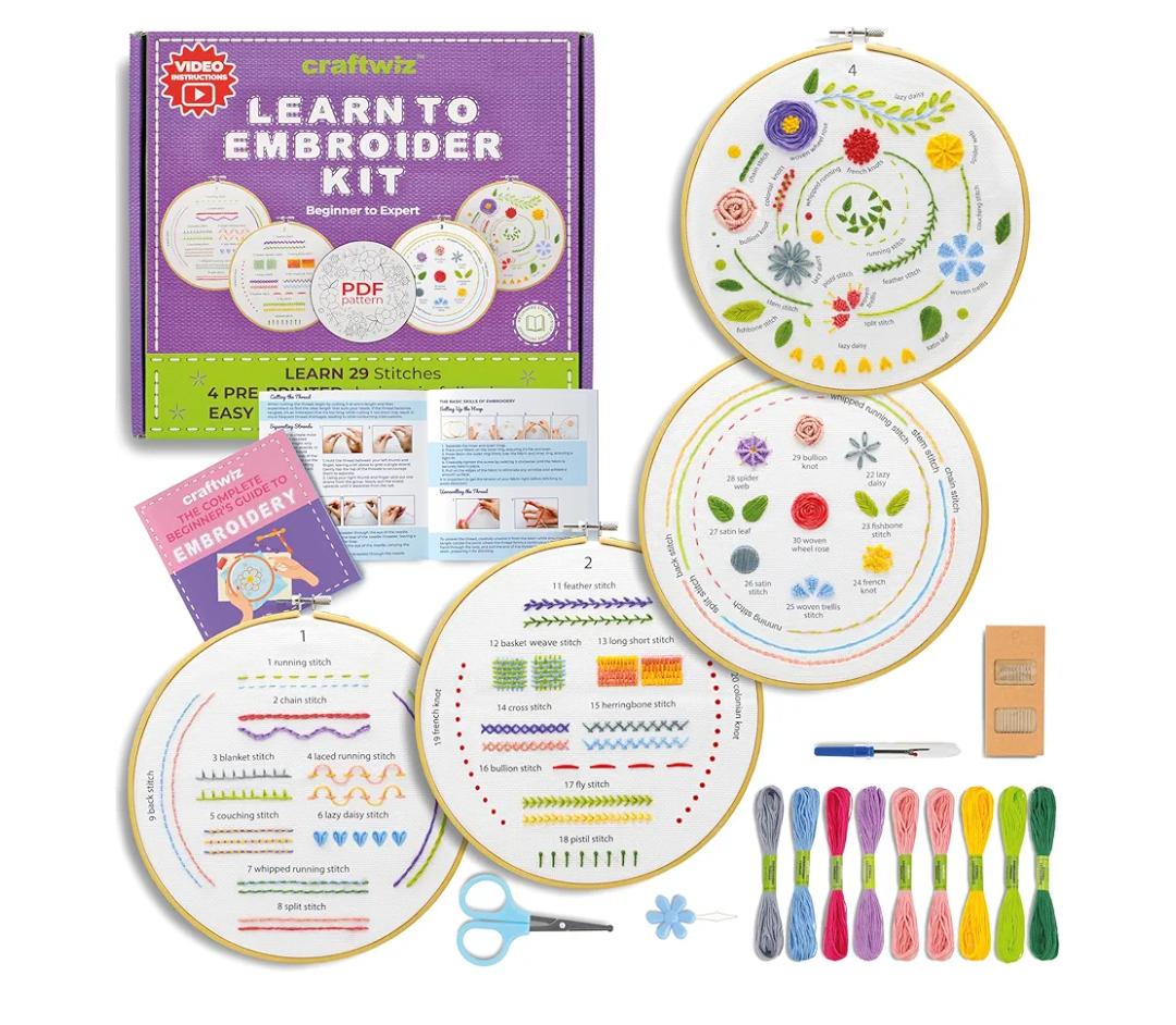 Craftwiz 4-Piece Starter Embroidery Kit for Beginners and Teens with Simple Patterns, Learn 29 Stitches with Hand Embroidery Kit
