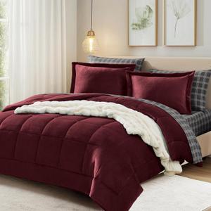 AMBERSPACE Plush Queen Comforter Set with Sheets Bed in a Bag, Burgundy Red Flannel Velvet Comforter Sets 7 Pieces, Soft Warm Winter Bedding Set with Comforter, Fitted&Flat Sheets, Pillowcases&Shams