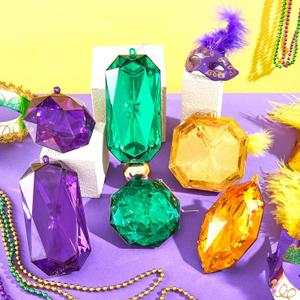 Syhood 6 Pack Mardi Gras Jewel Ornaments 3.9"- 6.5" Glitter Purple Gold Green Gem Ornament Large Acrylic Gem Mardi Gras Decoration for Tree Masquerade Party Festival (Multi Style)