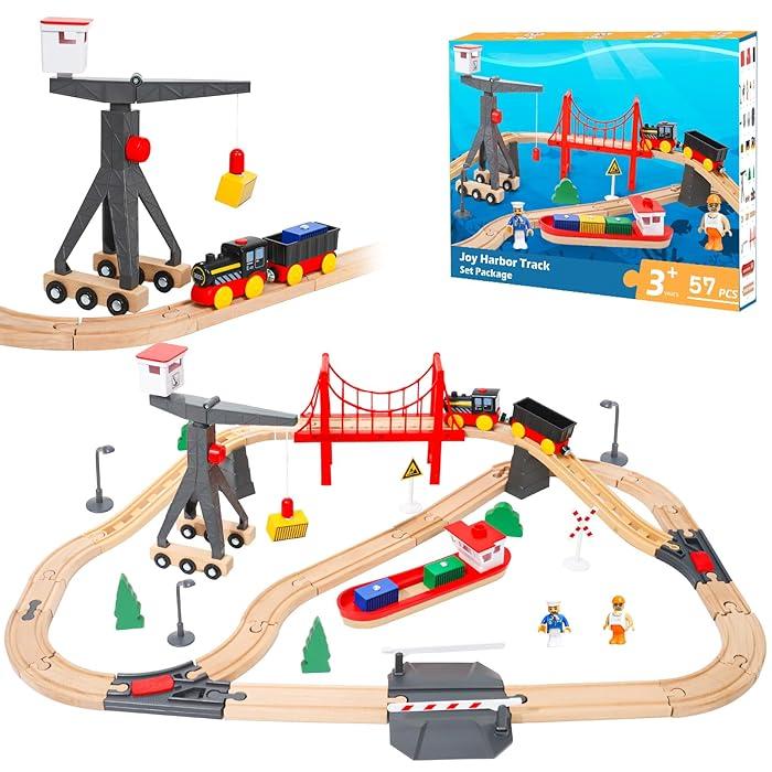 Wooden Train Set for Kids, 57 Pieces Electric Train Compatible with Bio Tracks, Wooden Toy for 3 4 5 6 Years Old Toy Gift for Boy and Girl