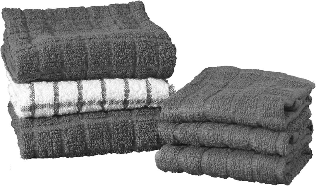 Ritz Premium Kitchen Towel and Dish Cloth Value Set: Highly Absorbent, Super Soft, Long-Lasting, 100% Cotton Checked and Solid Hand Towels, Tea Towels, Bar Towels - 6 Pack, Graphite