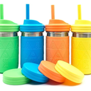 Elk and Friends 14oz Stainless Steel Kids + Toddler Drinking Cups | The Original Mason Jar with Sleeves + Lids | Silicone Straws | Smoothies | Storage Jar | Spill Resistant | Dishwasher Safe | 4 Pack