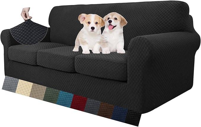 MAXIJIN 4 Piece Couch Covers for 3 Cushion Couch Super Stretch Sofa Cover for Dogs Pet Proof Fitted Furniture Protector Spandex Jacquard Non Slip Magic Couch Slipcover Washable (Extra Large, Black)