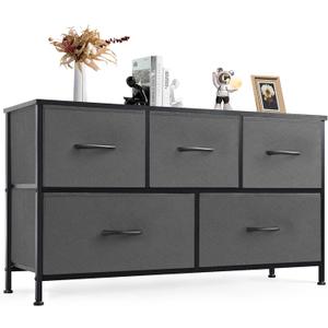 DUMOS Dresser for Bedroom, 5 Storage Drawers, Wide Fabric Closet Chests Organizer Tower Furniture with Wooden Top Metal Frame for Clothes, Guest Room, Living Room, Hallway, Entryway (11.8"D x 39.4"W x 20.9"H (5 Drawers), Grey)