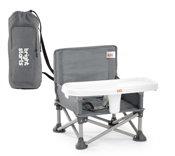 Bright Starts Pop 'N Sit Portable Booster, Indoor/Outdoor Use, Floor Seat with Feeding Tray, Grey, 6 Mos  3 Yrs