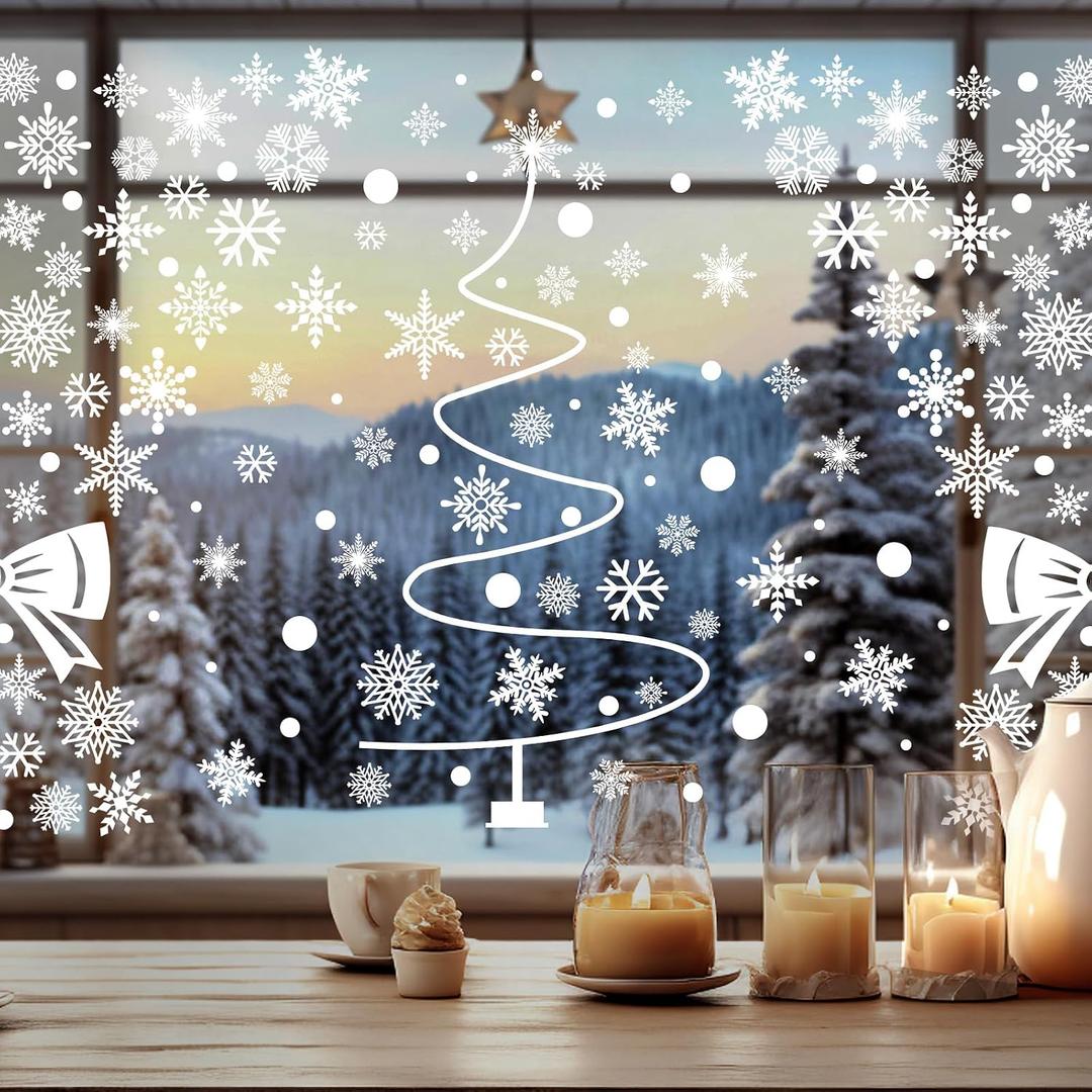9 Sheets Christmas Snowflake Window Clings Winter Wonderland Decal Stickers Let it Snow Reindeer Snowman Window Seasons Decals for Elk Snowball Holiday Home Kitchen Living Room (Winter3)