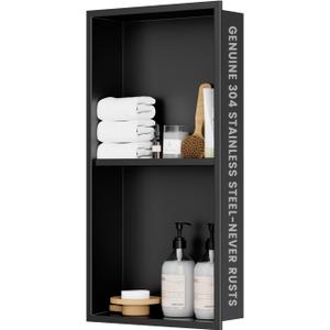304 Stainless Steel Shower Niche Insert-Glossy Black 24 x 12" No Tile Needed Bathroom Niche for Shower Wall-Double Shelves Built in Shower Shelf-Waterproof Recessed Cabinet for Bathroom Living Room