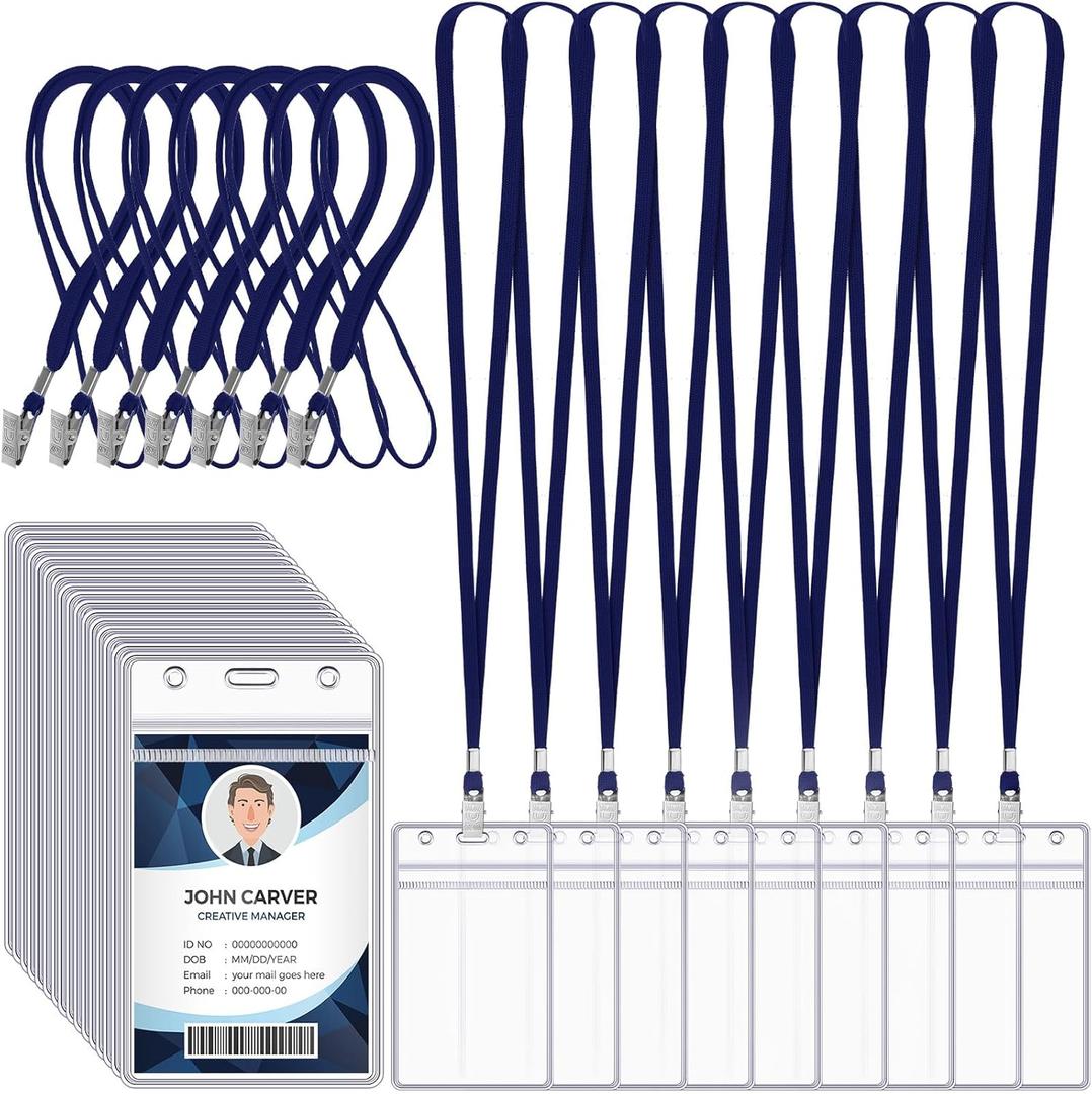 Marspark 100 Pcs ID Badge Holder with Lanyard Lanyards for ID Badges Resealable Flat Neck Name Tag with Clip Waterproof Plastic Clear Badges Bulk for School Office Supplies (Dark Blue)