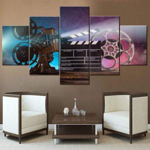 Wall Pictures for Living Room Retro Movie Projector Paintings Black Film Chalkboard Artwork Multi Panel Canvas Wall Art Modern House Decor Wooden Framed Ready to Hang Posters and Prints(60''Wx 32''H)