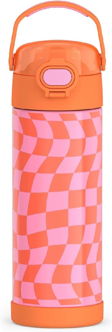 THERMOS FUNTAINER 16 Ounce Stainless Steel Vacuum Insulated Bottle with Wide Spout Lid, Wavy Checkers Orange