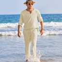 COOFANDY Men's 2 Pieces Cotton Linen Set Henley Shirt Long Sleeve and Casual Beach Pants Summer Yoga Outfits (Beige)
