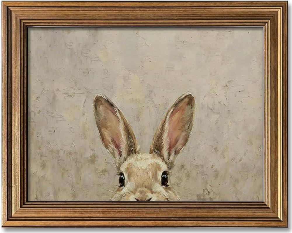 Wemandh Gold Framed Vintage Easter Bunny Wall Art - Muted Spring Rabbit Oil Painting Print, Rustic Easter Wall Decor, Rustic Cottagecore Animal Picture for Shelf, Mantle & Holiday Home Decor (Framed, 12'' x 16'')