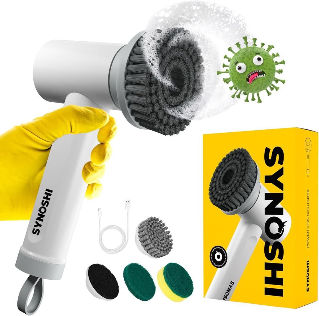 SYNOSHI Electric Spin Scrubber, Power Cleaning Brush with 3 Heads, Cordless Waterproof Shower Scrubber with Dual Speed, Perfect for Cleaning Bathroom, Tile, Cars, Floor. Electric Scrub Brush for tub