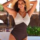 Pink Queen Women One Piece Swimsuit 2026 Patchwork Twist Front V Neck Ruched Tummy Control Swimwear Bathing Suits (Brown, M)