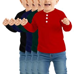 4 Pack Toddler Boys Girls Thermal Long Sleeve T-Shirts Henley Undershirt Top Basic Layer Long Sleeve Fleece T-Shirt (Red, Dark Green, Navy Blue, Black)