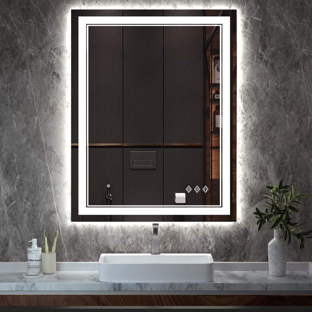 LED Mirror, 28x36 Inch Gradient Front and Backlight Lighted Mirror, 3 Colors Dimmable CRI>90 Double Lights, IP54 Enhanced Anti-Fog, Hanging Plates Wall Mount LED Bathroom Mirror
