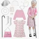 Old Lady Costume for Kids: 100 Days of School Costume for Girls 100th Day of School Granny Dress up Accessories with Wig, Glasses Wrinkle Tattoo Stickers, Cane, Jewelries, Grandma Cosplay Kit