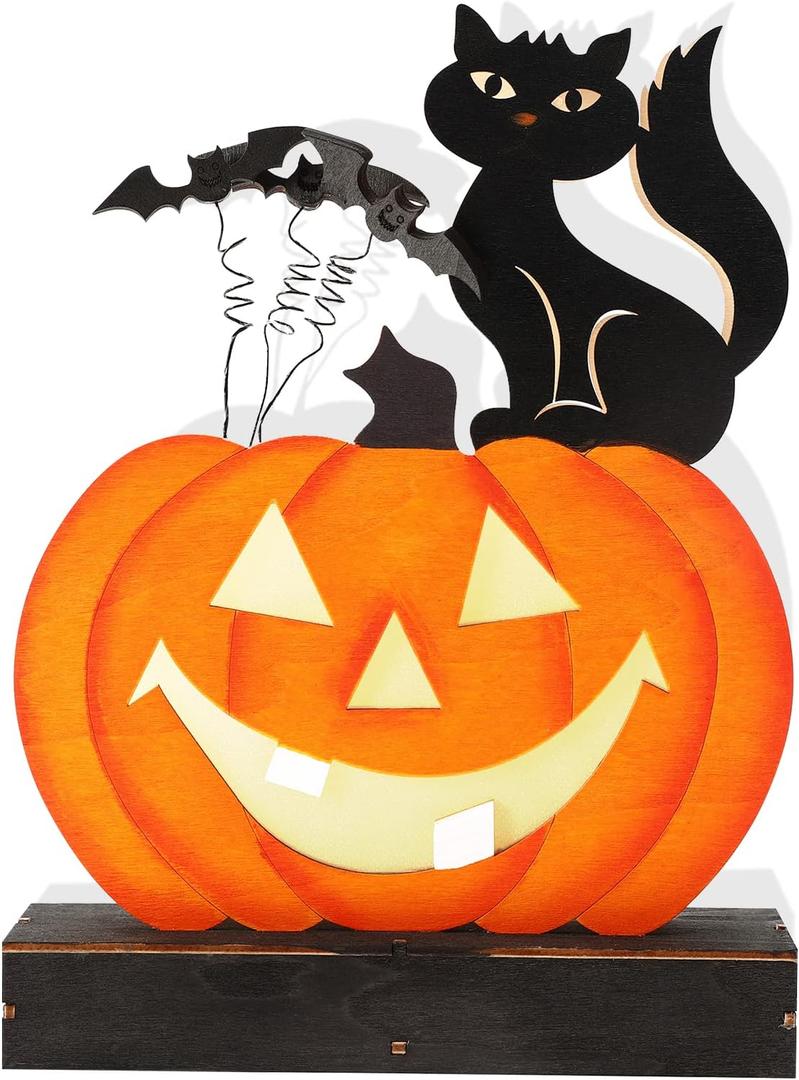 Halloween Pumpkin Lights, Battery Operated Wooden Tabletop Decor, Light Up Indoor Outdoor Party Decoration for Desk, Table, Fireplace