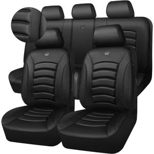CAR PASS 3D Foam PU Leather Car Seat Covers, Universal Seat Covers Full Sets for Trucks SUV Sedan Automotive Seat Covers Armrest Airbag Compatible Waterproof Comfortable Faux Nappa Leather Pure Black
