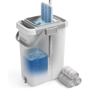 JOYMOOP Mop and Bucket with Wringer Set, Flat Squeeze Mop with Bucket (X-Large), Dust Mop for Wall Cleaner with Long Handle, Microfiber Mop - White Bucket with 3 Reusable 15" Pads