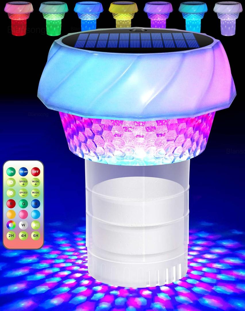 Solar Pool Chlorine Floater 2 Pack Adjustable Release Swimming Pool Chlorine Tablet Floater with Color Changing Floating Dispenser with Romote Control and Timer IP68 Waterproof