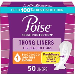 Poise Daily Thong Liners, Incontinence Panty Liners for Bladder Leaks, 1 Drop Lightest Absorbency, 50 Count of Pantiliners