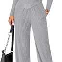 PRETTYGARDEN Fall Two Piece Sets For Women 2026 Off Shoulder Tops Long Pants Knit Matching Lounge Set Airport Travel Outfits(Light Grey,Large) (L)