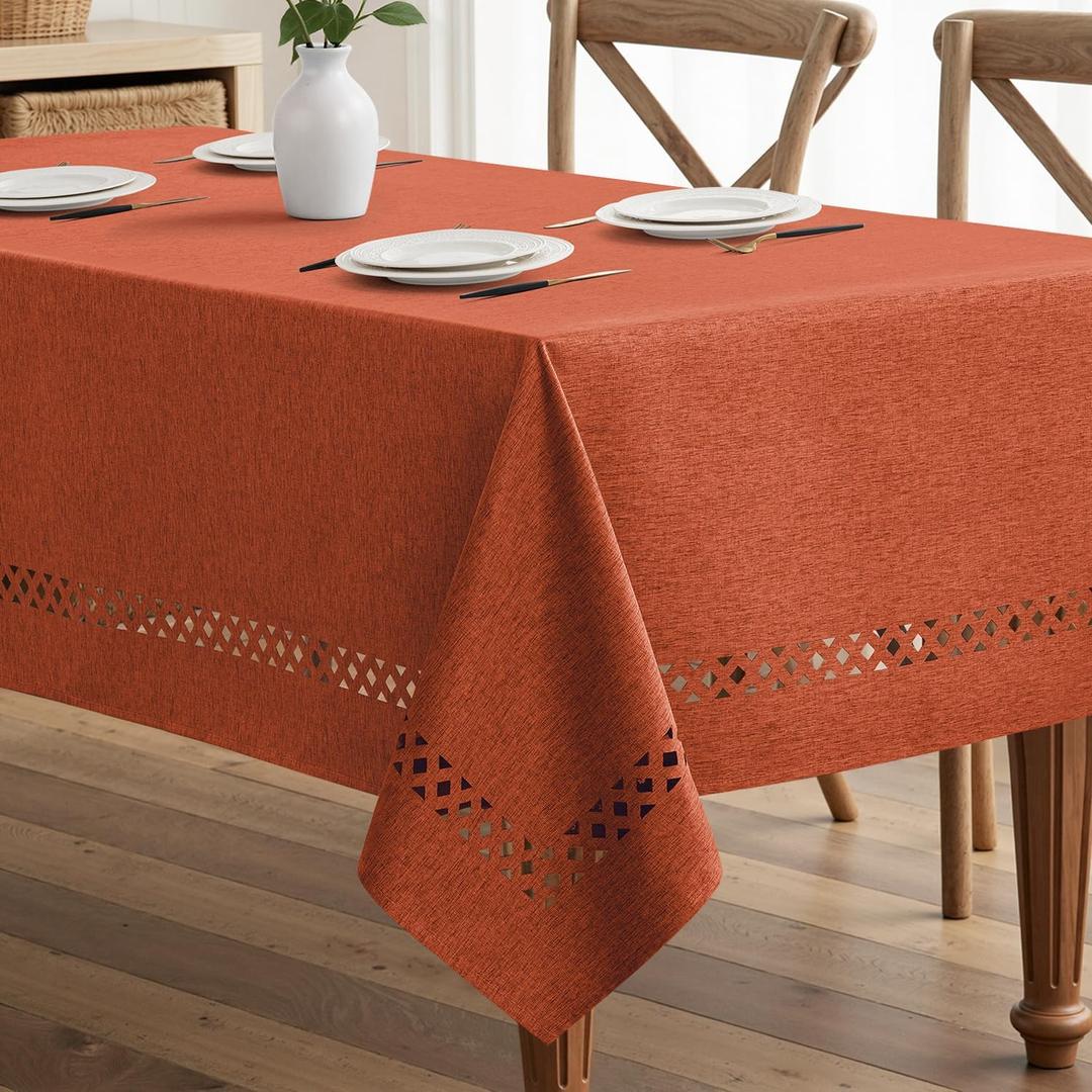 MIULEE Burnt Orange Rectangle Linen Polyester Fall Thanksgiving Tablecloth with Decorative Cutouts Waterproof Stain Resistant Table Cloth 60x104 inch Farmhouse Style for Dining Wedding Party