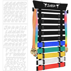 Karate Belt Display Rack with Stickers, 10/12 Martial Arts Belt Display Holder, Taekwondo Belt Jiu Jitsu Belt BJJ Belt Display Hanging Holder for Adults, No Assembly Required (Black)