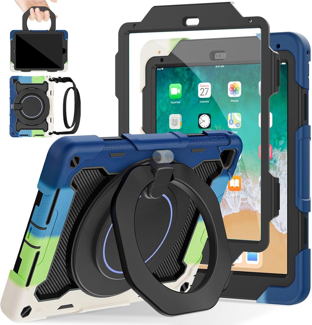 ROISKIN iPad 6th 5th Generation Case 9.7 Inch, Pro 9.7, Air 2 with 360 Kickstand Hand Strap [Screen Protector, 15ft Drop Protection]Heavy Duty Air 2 /Pro 9.7 / iPad 6th 5th Gen Case for Kids Women Men (Black+blue)