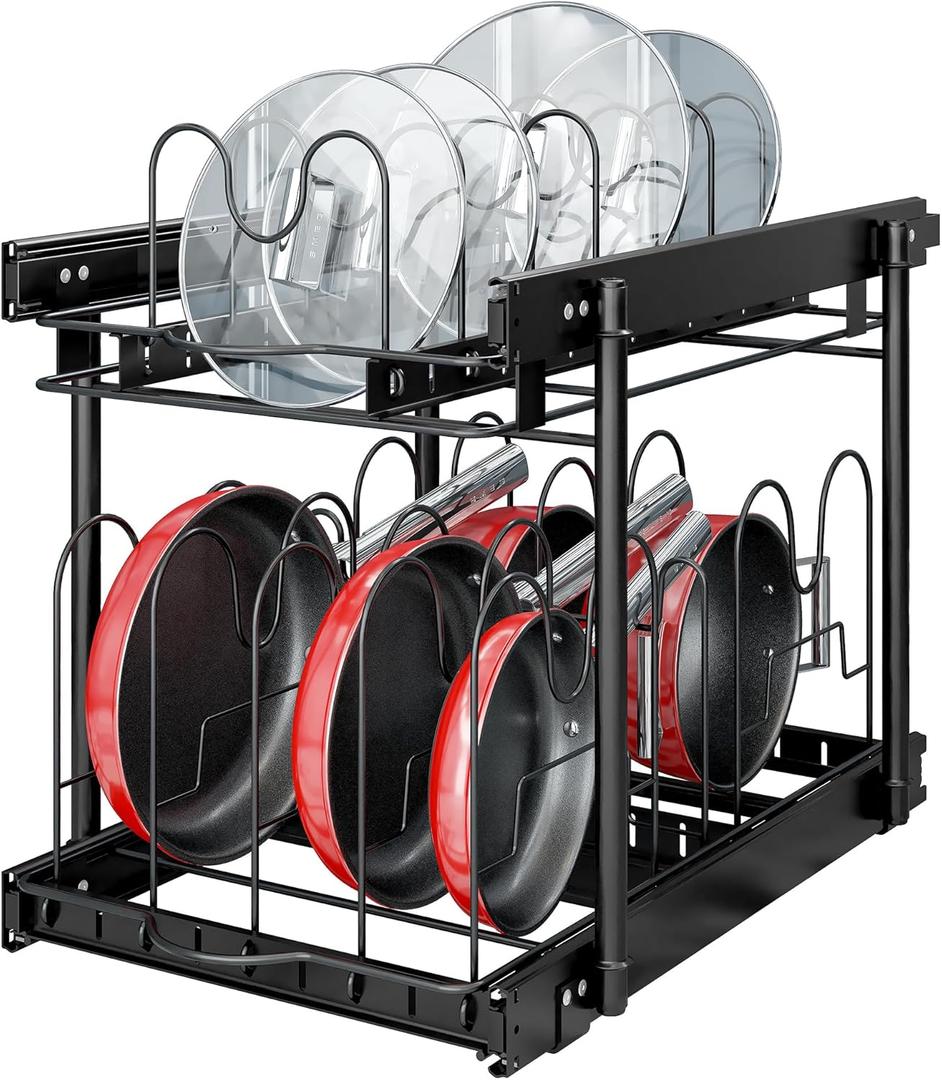 TQVAI Pots and Pans Organizer, Full-Extension Pull Out Cabinet Organizer, Slide Out Drawers for Kitchen Cabinets with Adjustable Dividers, Request at Least 15.5" W x 23.5" D x 23.5" H Opening - Black