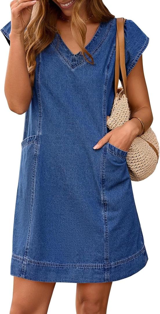 Pink Queen Womens Denim Dress Summer V Neck Short Sleeve Loose Casual Jean Dresses with Pockets (Blue, L)