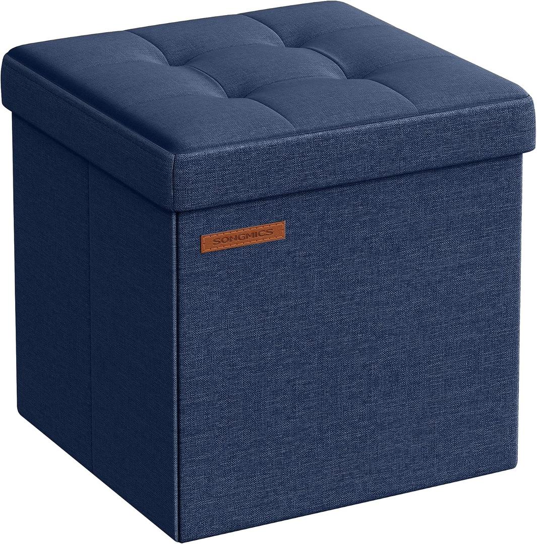 SONGMICS Storage Ottoman, Foldable Small Ottoman Foot Rest, 11.8 Inches Foot Stool, Cube Ottoman with Storage, Load up to 286 lb, for Living Room, Bedroom, Dorm, Midnight Blue ULSF028Q02
