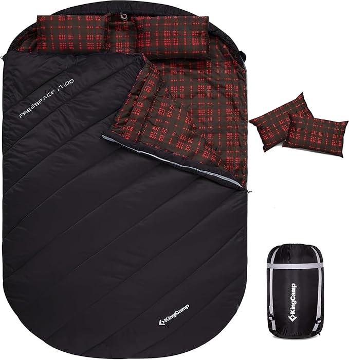 KingCamp Double Sleeping Bag for Adults, Queen Size 2 Person XXL Flannel Sleeping Bag, Waterproof Lightweight Flannel Quilt with 2 Pillows, Perfect for Couples Family Camping Hiking - Thermal Pod Black 