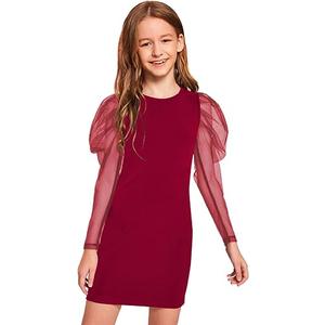 WDIRARA Girl's Sheer Mesh Puff Long Sleeve Round Neck Bodycon Mini Dress, 9 Years Old