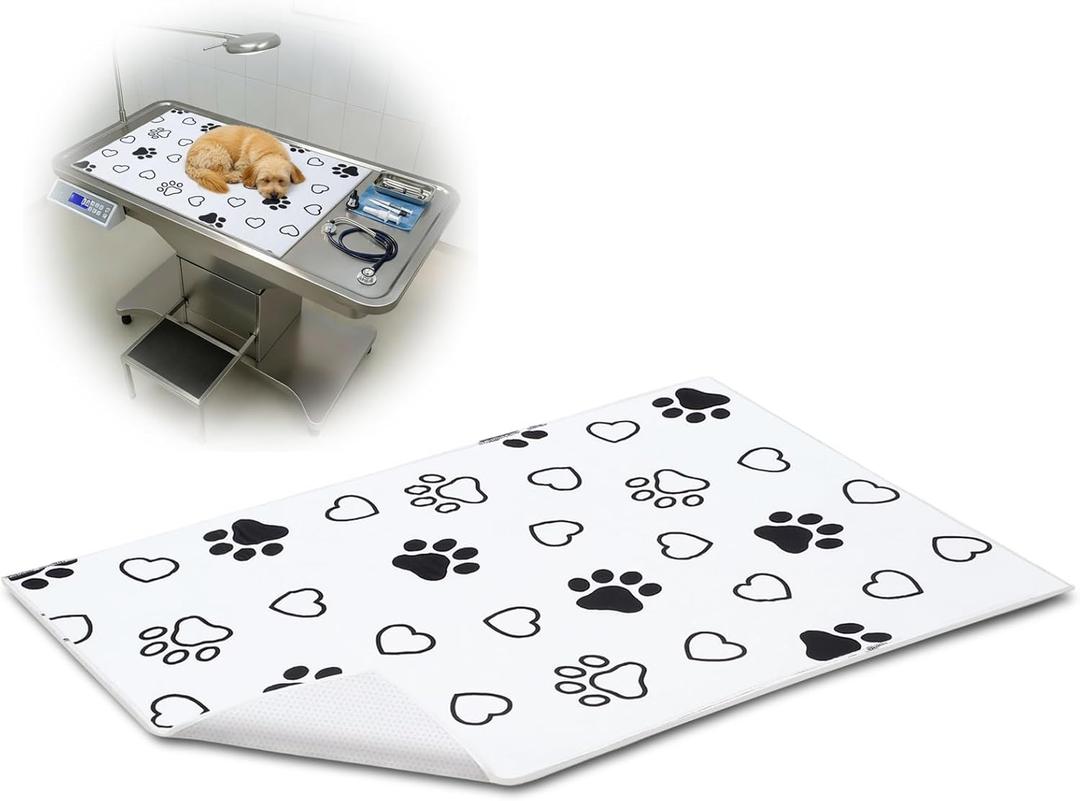 24x36 Inch Non-Slip Dog Grooming Mat for Table Dog Vet Mat Black and White Paw Print Pet Grooming Pad for Cat Pet Checkups Rehabilitation Bath, Waterproof and Easy to Clean