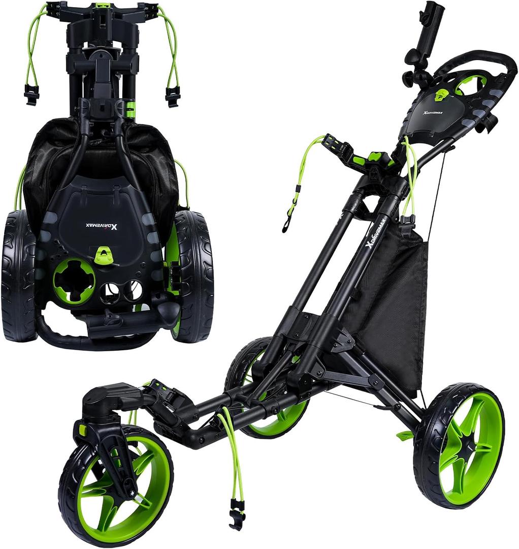 XDriveMax Pro 3-Wheel Golf Push Cart - 360° Swivel Front Wheel with Handle-Integrated Lock, One-Click Folding Lightweight Aluminum Frame, All-Terrain Wheels with Foot Brake & Console