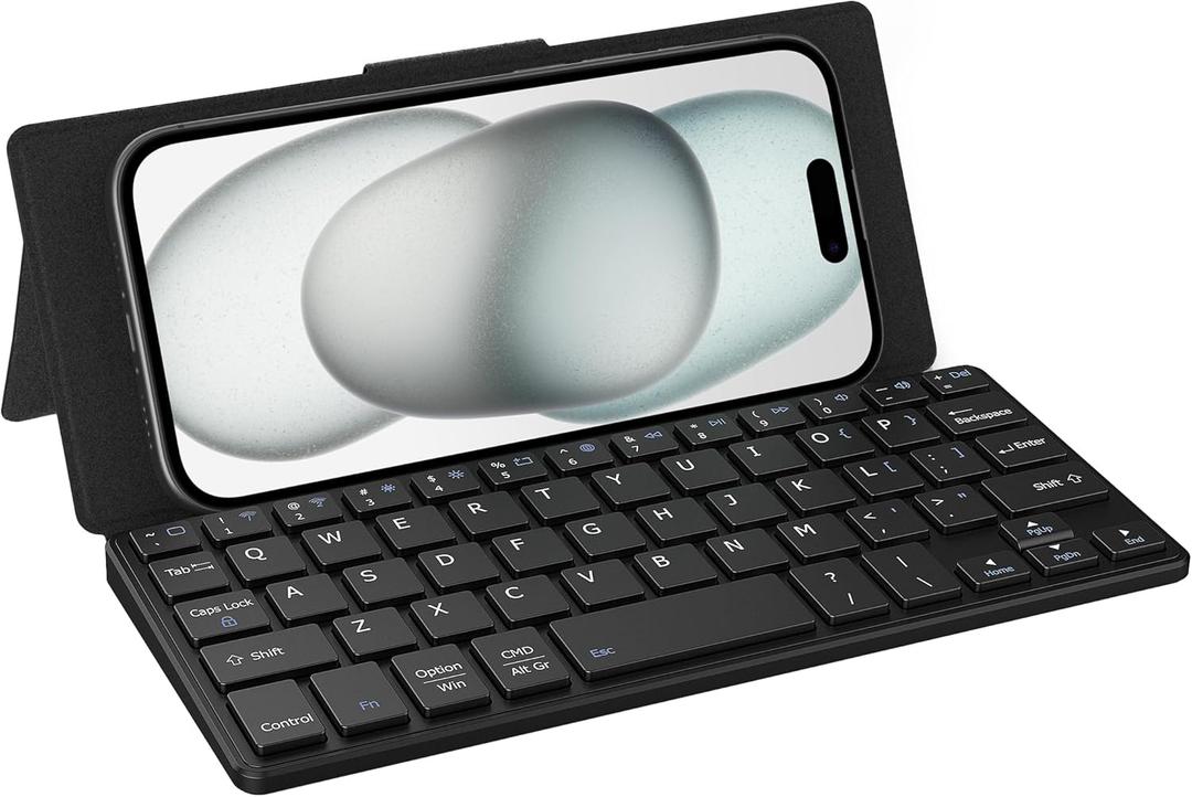 CACOE Wireless Keyboard with Stand, Mini Keyboard for Cell Phone, Ultra-Slim Portable, Foldable, Dual-Channel QWERTY with Stand Holder for Smartphone and More iOS Android Windows, Black