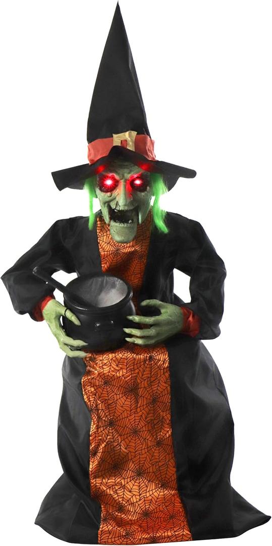 Haunted Hill Farm Sitting and Talking Witch Halloween Animatronic with Moving Mouth and Light-Up Mini Cauldron for Scary Halloween Decorations, Spooky Halloween Props, Perfect for Tabletop